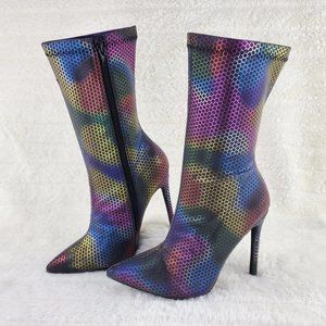 Metallic Rainbow Mid Calf Pointy Toe High Heel Boots Isla